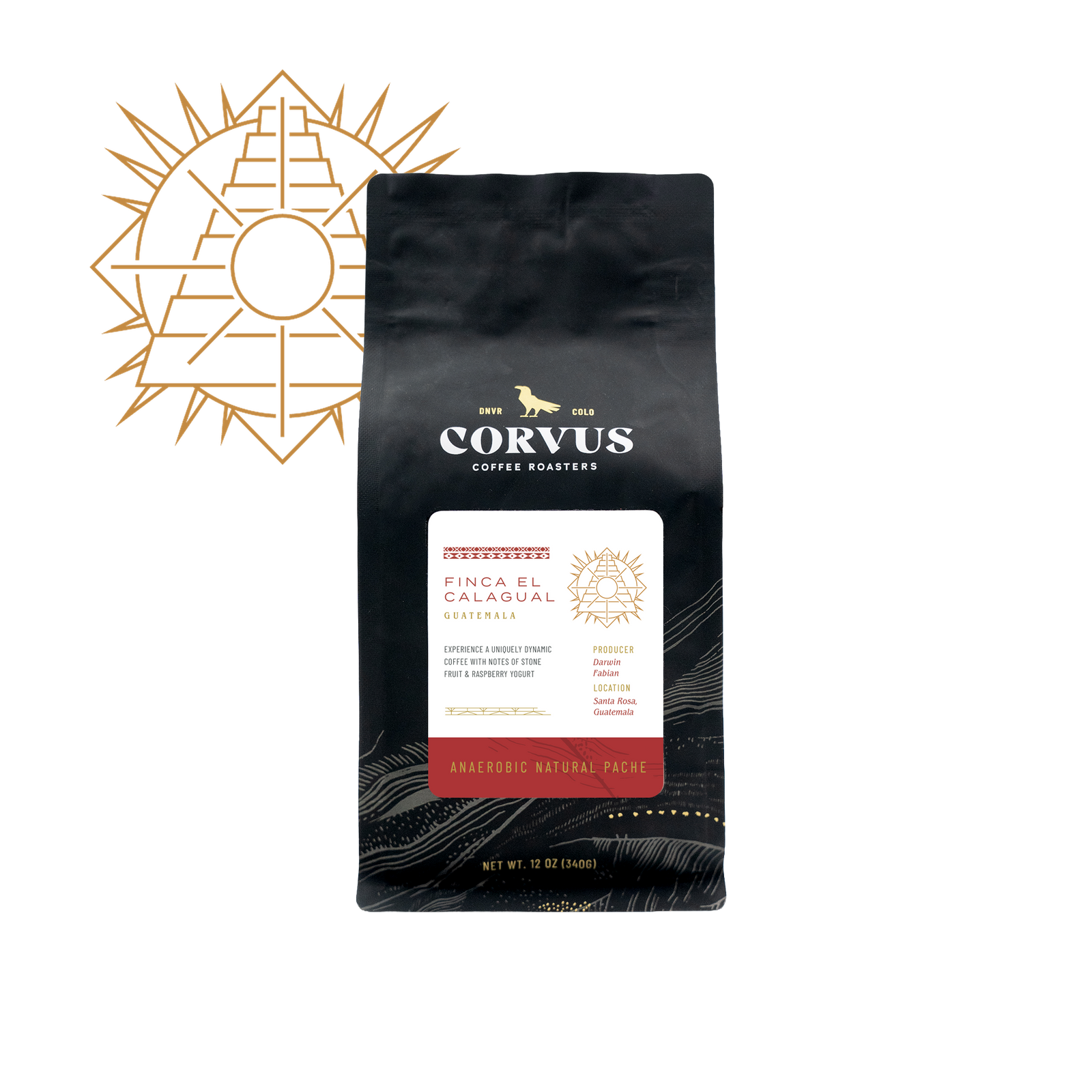 A black bag of Corvus Coffee Roasters Finca El Calagual Supremo coffee, displayed on a clean white background with a gold geometric sun logo overlay in the upper left corner.